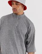 Asos Design Oversized T-shirt With Half Sleeve And Turtle Zip Neck In Twisted Jersey In Gray