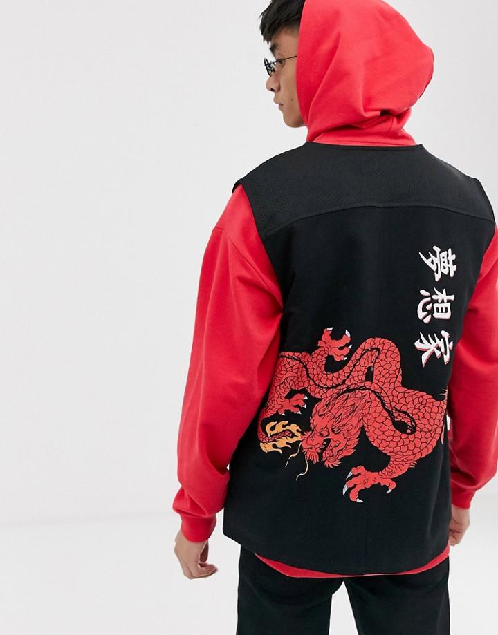 Asos Design Jersey Vest With Mesh Panels & Dragon Back Print-black