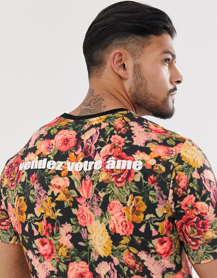 Asos Design Skinny Fit T-shirt With All Over Floral And Back Print-multi