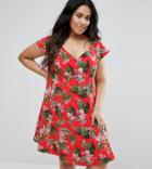 Asos Curve Button Through Tea Mini Dress In Tropical Print - Multi