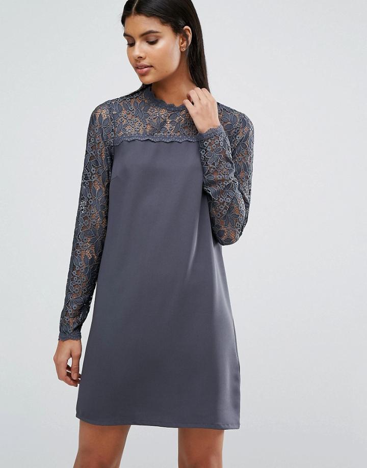 Vila Lace Yoke Swing Dress - Gray