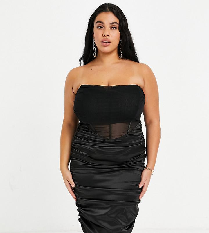 Saint Genies Plus Velvet And Satin Corest Bandeau Midi Dress In Black