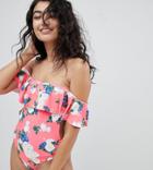 Bershka Bardot Swimsuit In Neon Floral Print-pink