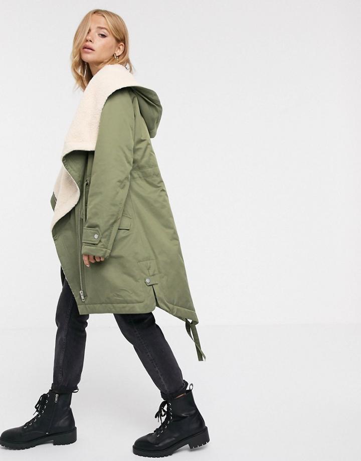 Asos Design Waterfall Parka With Fleece Lining In Khaki - Pink