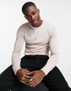 Asos Design Muscle Fit Merino Wool Jumper In Oatmeal-neutral