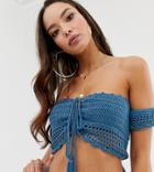 Missguided Crochet Bandeau Bikini Top In Blue - Blue