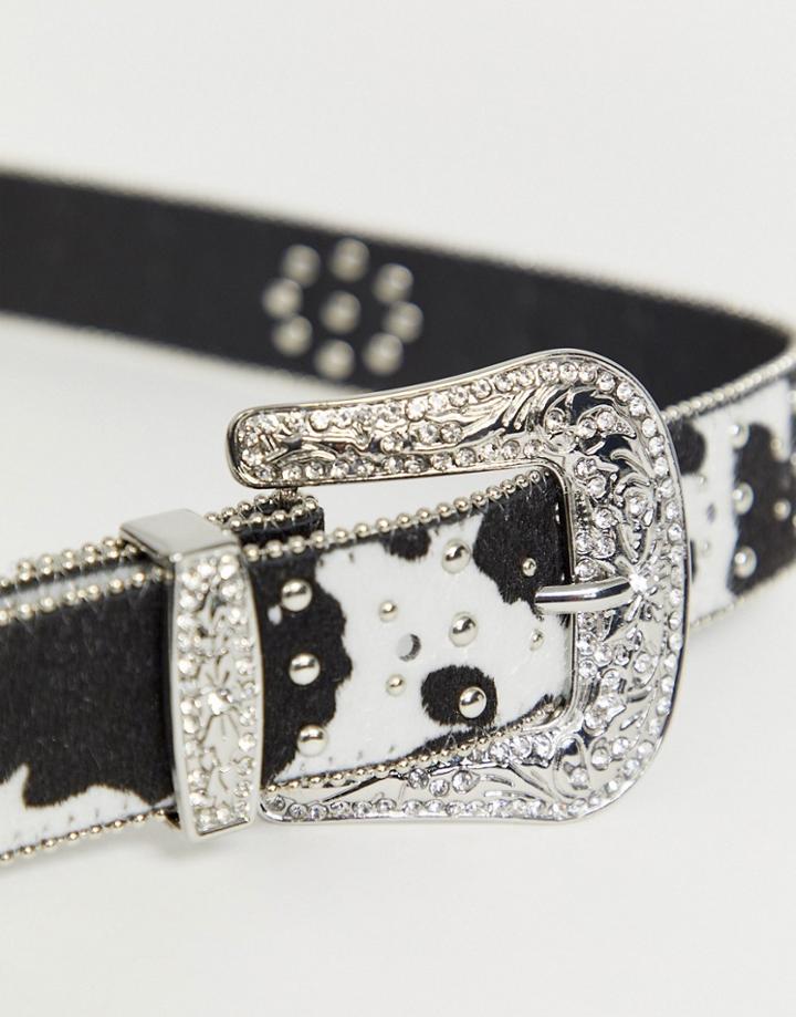 Asos Design Cow Print Rhinestone Western Waist And Hip Belt-multi