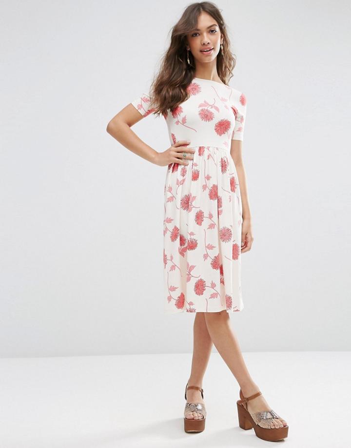 Asos Midi Dress In Floral Print With Short Sleeve - Multi