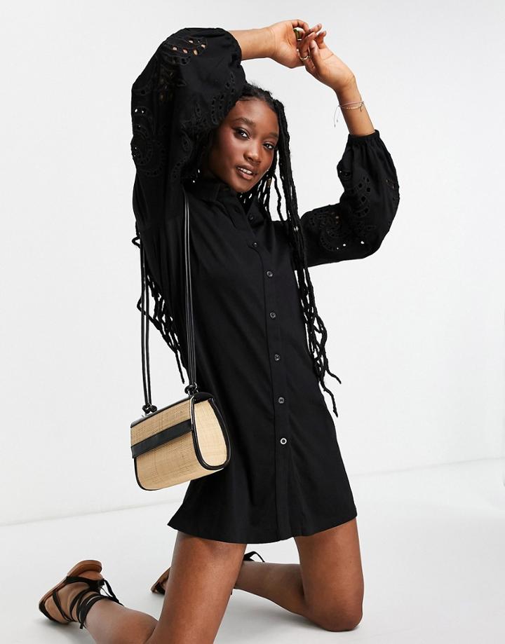 Asos Design Mini Shirt Dress With Embroidered Cut Out Sleeves In Black