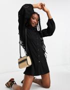 Asos Design Mini Shirt Dress With Embroidered Cut Out Sleeves In Black