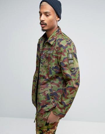 Dxpe Chef Coach Jacket In Camo With Military Patches - Green