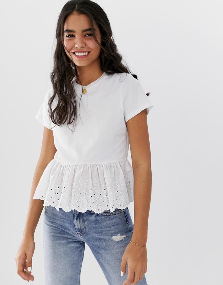 Asos Design Smock Top With Broidery Hem - White