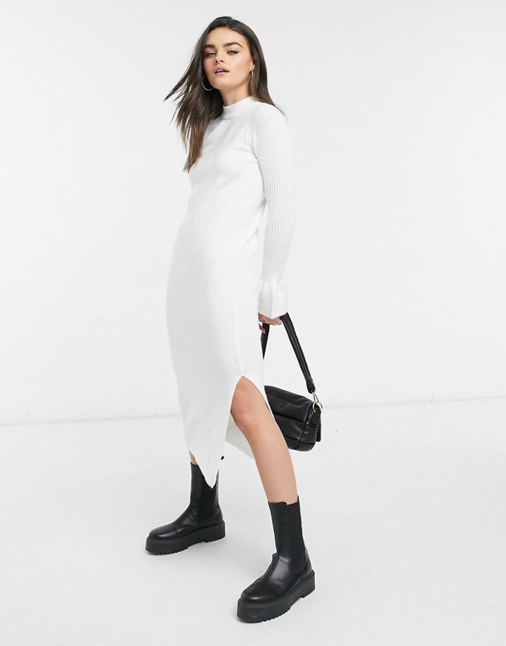 Asos Design Knitted Dress With Bell Sleeve Detail In Cream-white