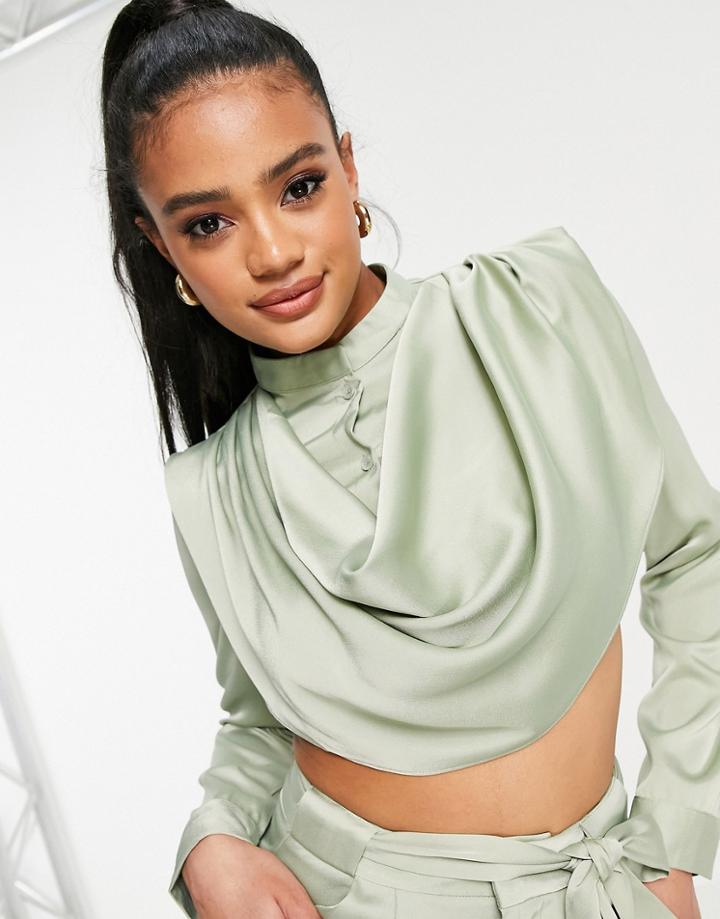Aria Cove Satin Drape Front Cropped Shirt In Green - Part Of A Set