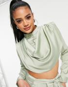 Aria Cove Satin Drape Front Cropped Shirt In Green - Part Of A Set