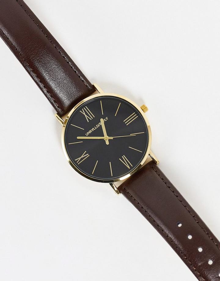 Asos Design Classic Watch With Rose Gold Accents And Leather Strap In Brown