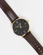 Asos Design Classic Watch With Rose Gold Accents And Leather Strap In Brown