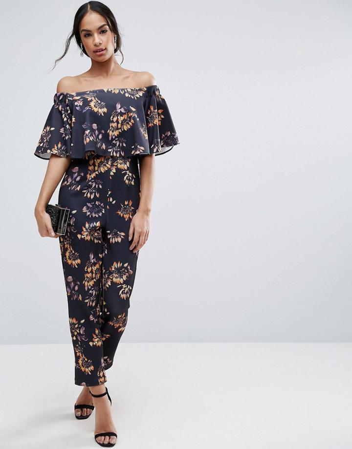 Asos Scuba Jumpsuit With Ruffle Bardot In Winter Floral Print - Multi