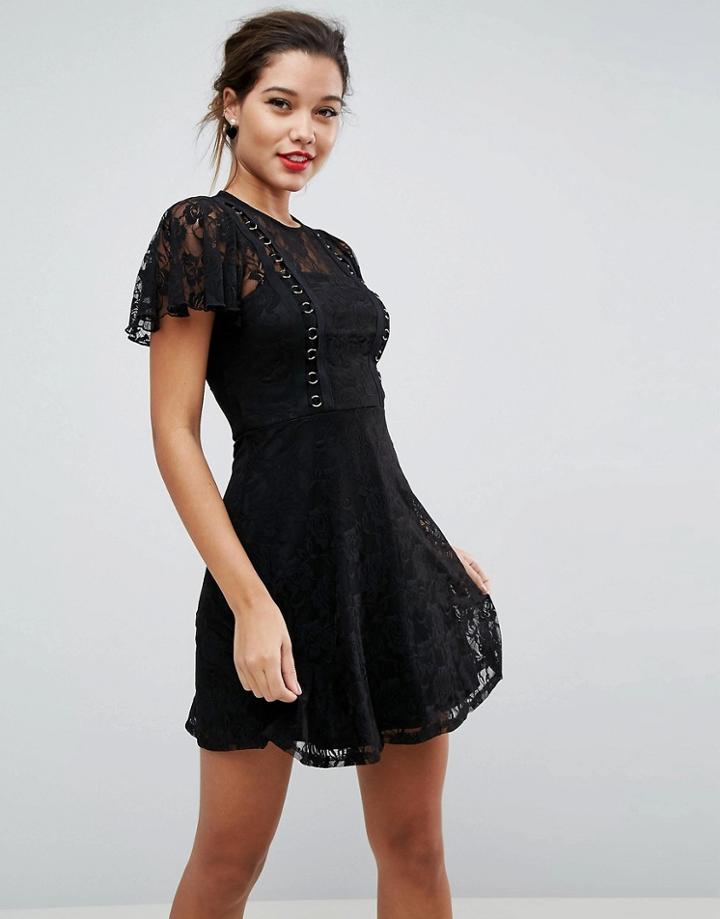 Asos Mini Lace Skater Dress With Eyelets - Black