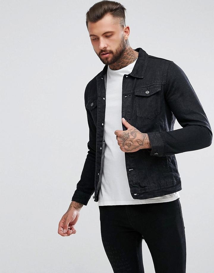 Pull & Bear Denim Jacket In Black - Black
