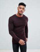 Asos Design Stripe Long Sleeve Muscle T-shirt In Black And Burgundy - Multi