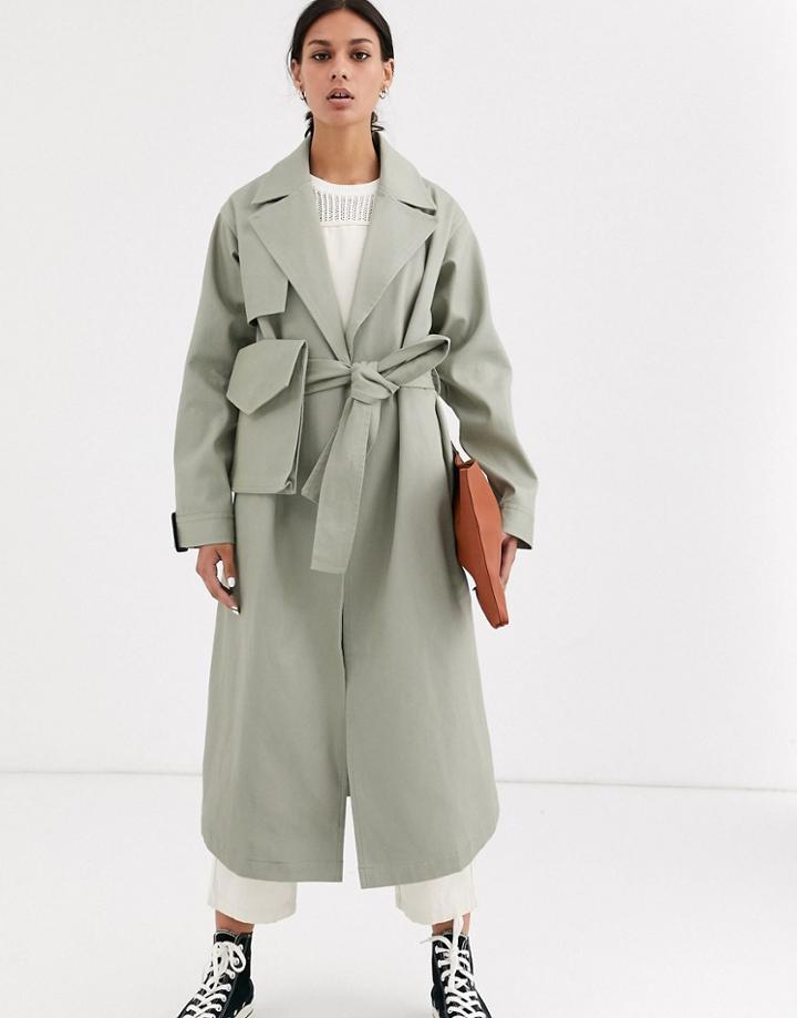 Asos Design Canvas Fanny Pack Trench Coat In Khaki-green