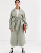 Asos Design Canvas Fanny Pack Trench Coat In Khaki-green