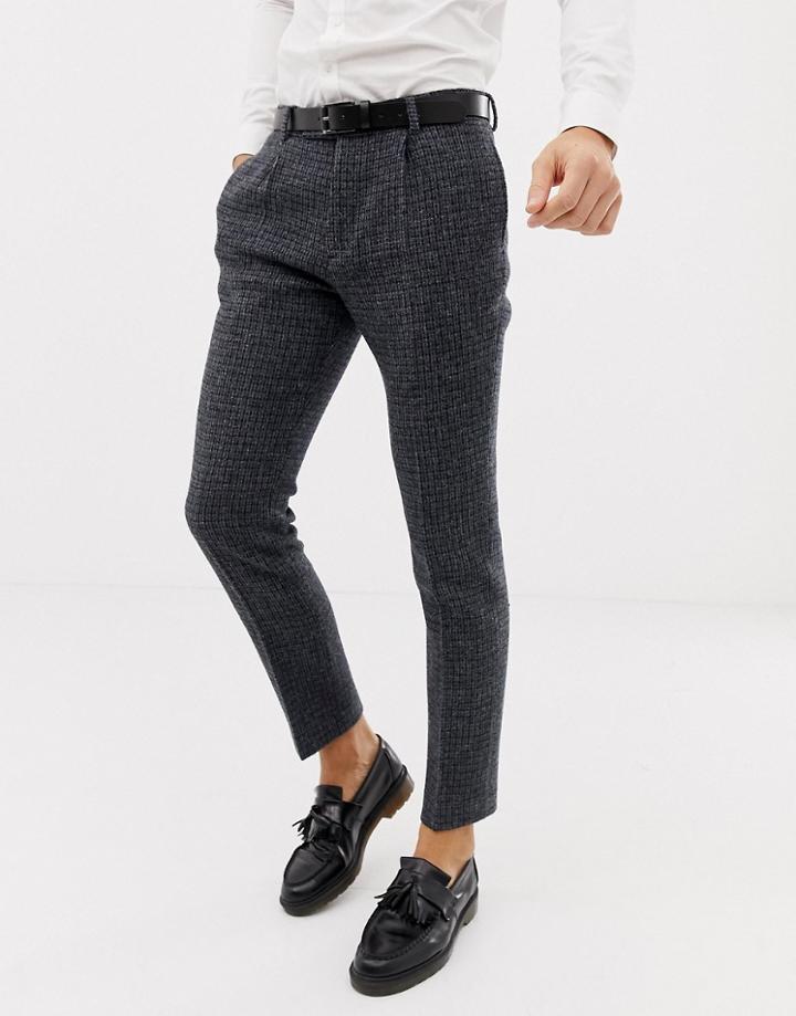 Asos Design Wedding Slim Suit Pants In 100% Wool Harris Tweed Blue Micro Check - Blue