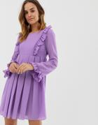 Naf Naf Romantic Layered Dress With Long Sleeves - Purple