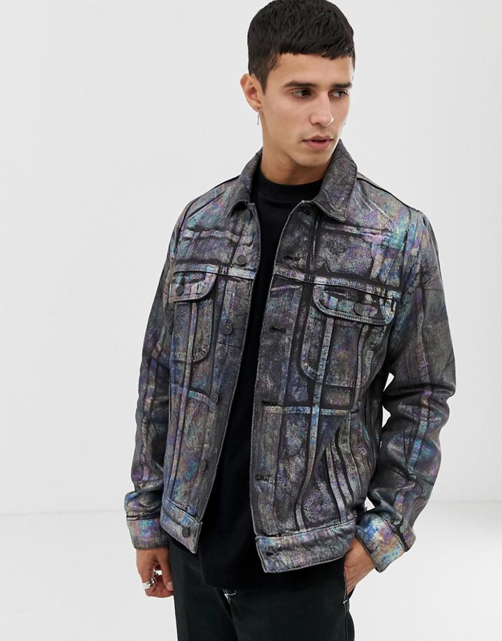 Asos Design Denim Jacket With Multi Colored Foil Print - Multi