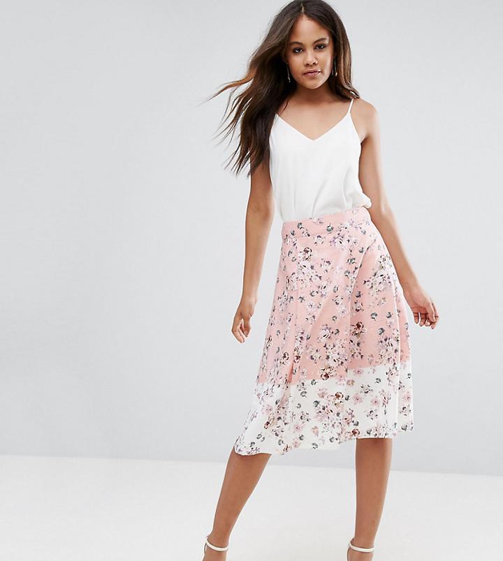 Vesper Tall Midi Skirt In Floral Print With Contrast Border - Pink