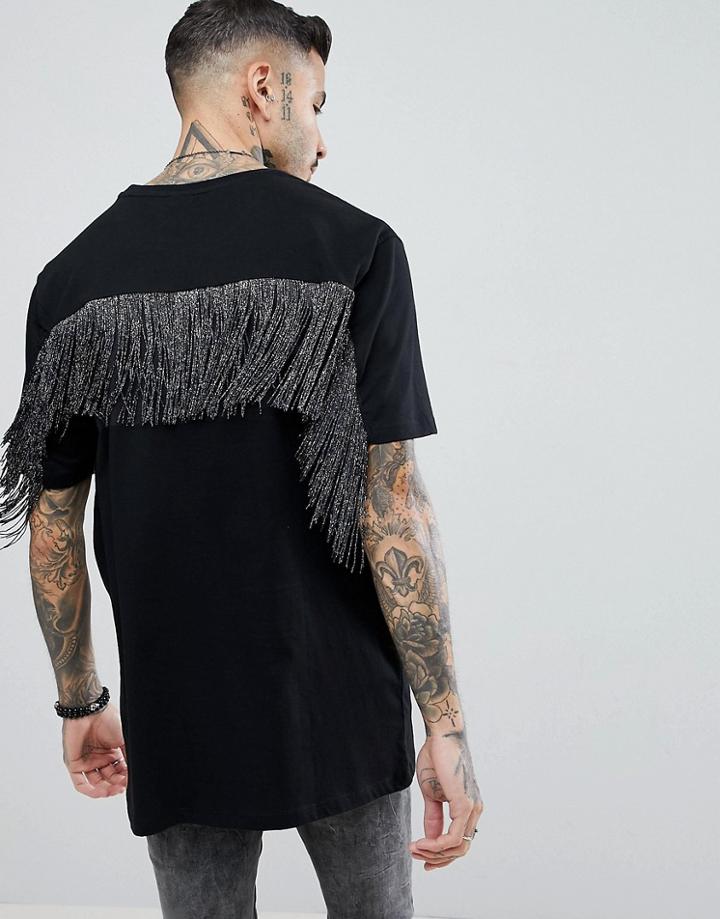 Asos Longline T-shirt With Silver Metallic Fringe Back - Black