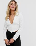 In The Style Cropped Blazer Jacket With Hook And Eye Detail In White - White