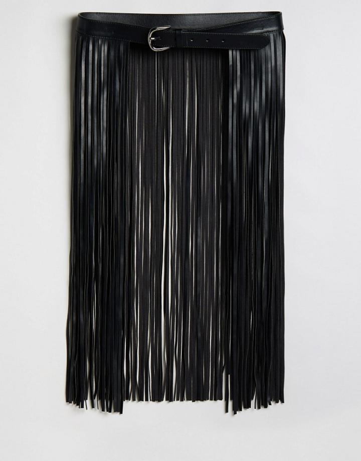Pieces Long Fringe Waist Belt - Black