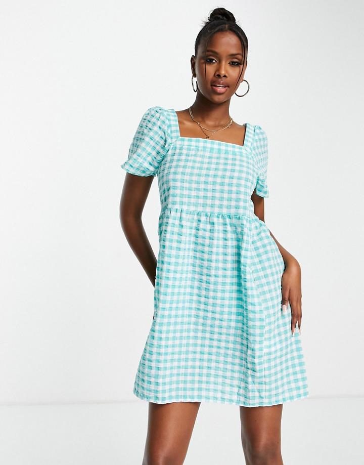 Trendyol Square Neck Mini Smock Dress In Green Gingham