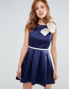 City Goddess Skater Dress With Floral Corsage - Navy
