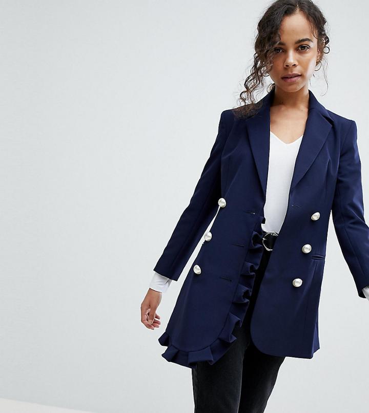 Asos Petite Blazer With Frill Detail - Navy