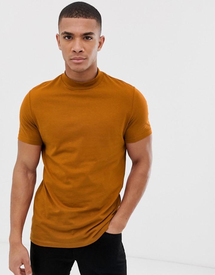 Asos Design Organic T-shirt With Turtleneck In Brown - Brown