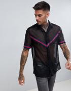 Asos Design Regular Fit Mesh Shirt With Taping Chevron Detail - Black