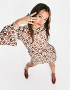 Asos Design Fluted Sleeve Mini Dress With Tie Belt In 70s Print-multi