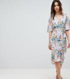 Asos Design Tall Floral Print Kimono Sleeve Wrap Midi Dress - Multi