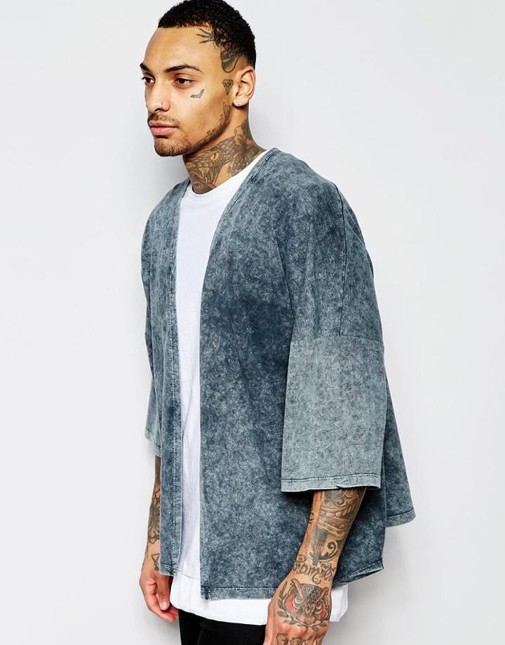 Asos Oversized Kimono With Acid Wash - Gray
