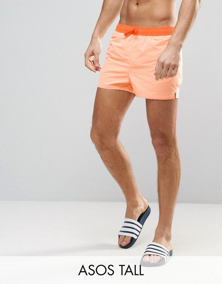 Asos Tall Swim Shorts In Orange With Contrast Waistband & Drawcord Super Short Length - Orange