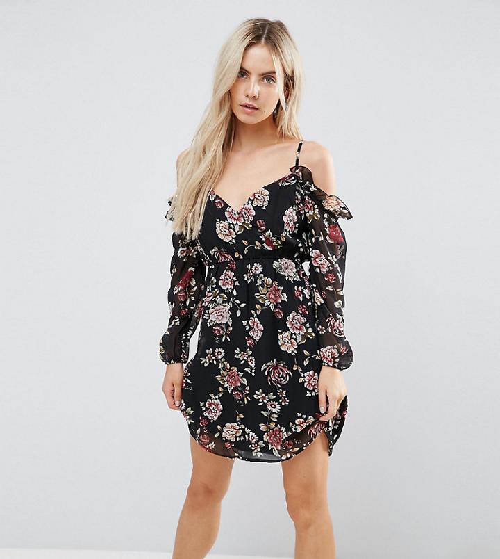 Boohoo Petite Cold Shoulder Floral Print Skater Dress - Multi