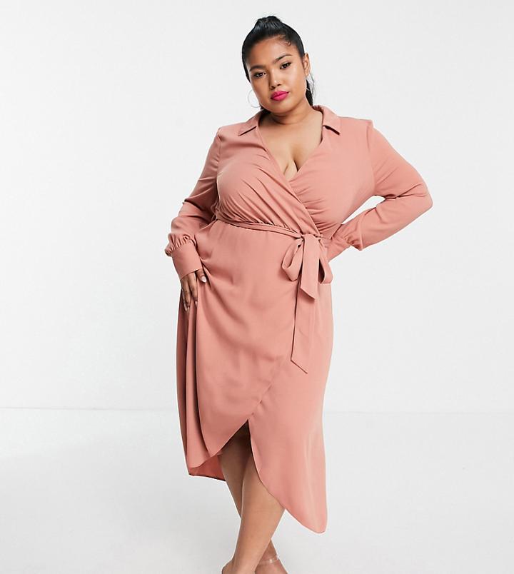 Asos Design Curve Collared Wrap Midi Dress With Tie Belt In Terracotta-pink