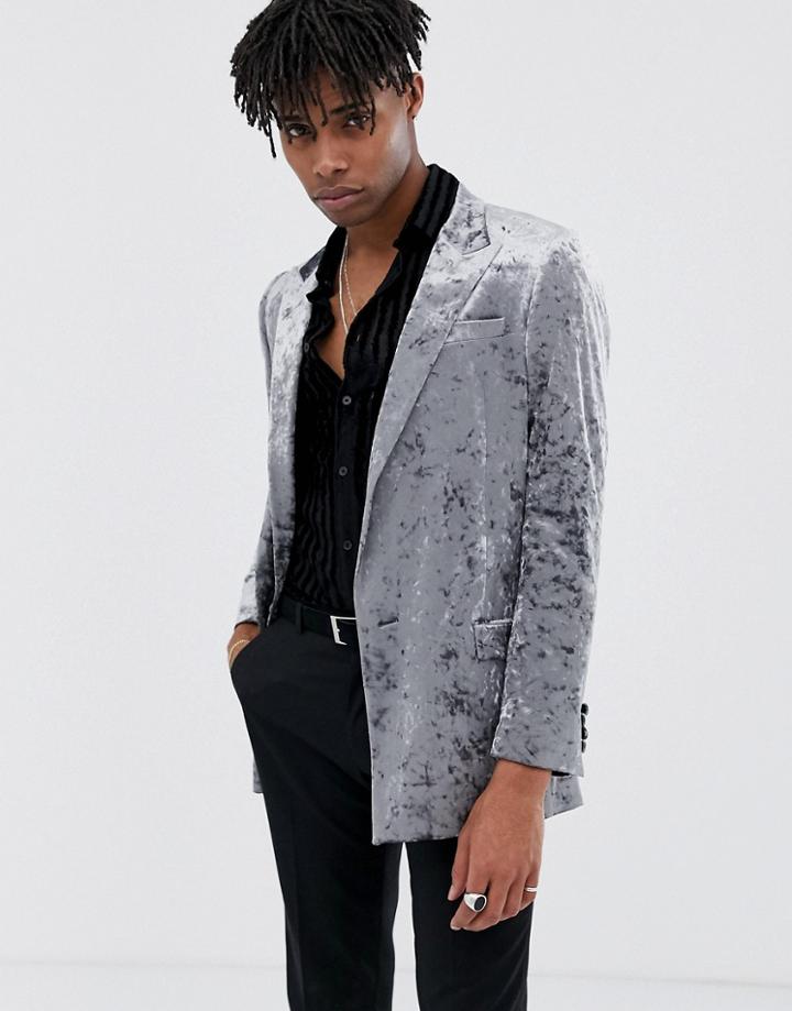 Asos Design Slim Blazer In All Over Crushed Gray Velvet - Gray