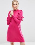 Asos Sweater Dress With Ruffle Shoulder - Pink
