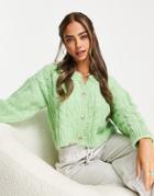 Topshop Knitted Cable Crop Cardi In Green