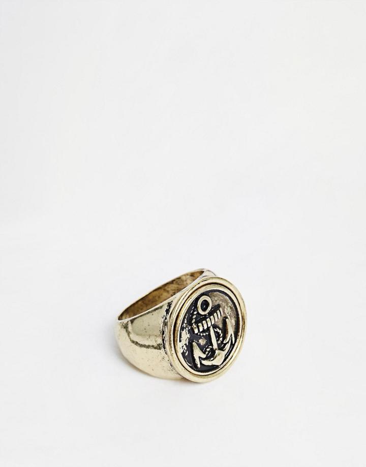 Asos Signet Ring With Anchor - Gold
