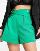Asos Design Cross Waist City Short With Pearl Button In Green-black